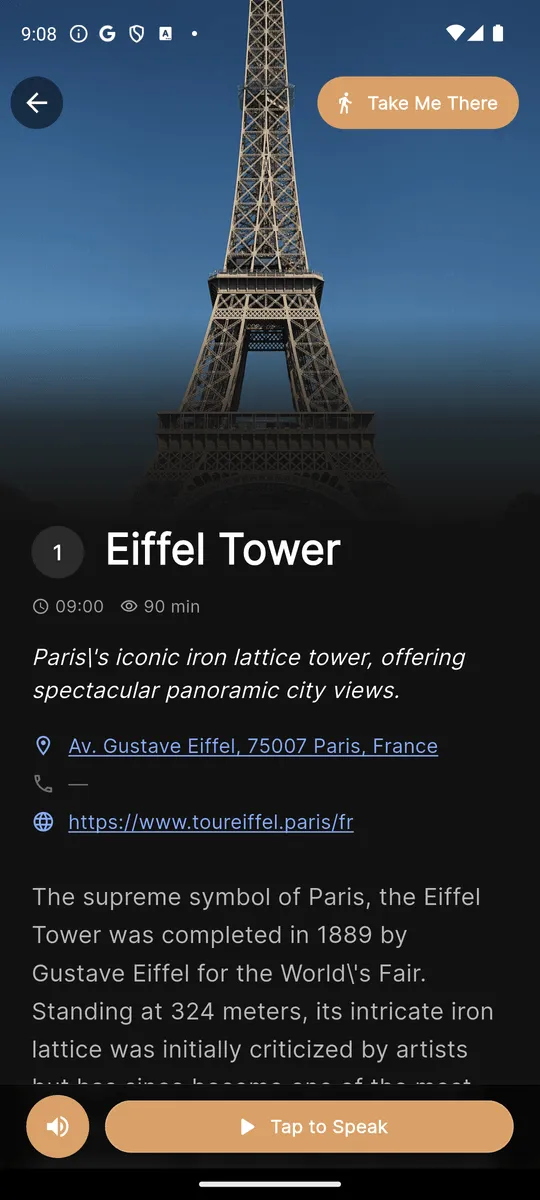 A Matzu stop detail card for the Eiffel Tower: hero photo, description, address and a website link.