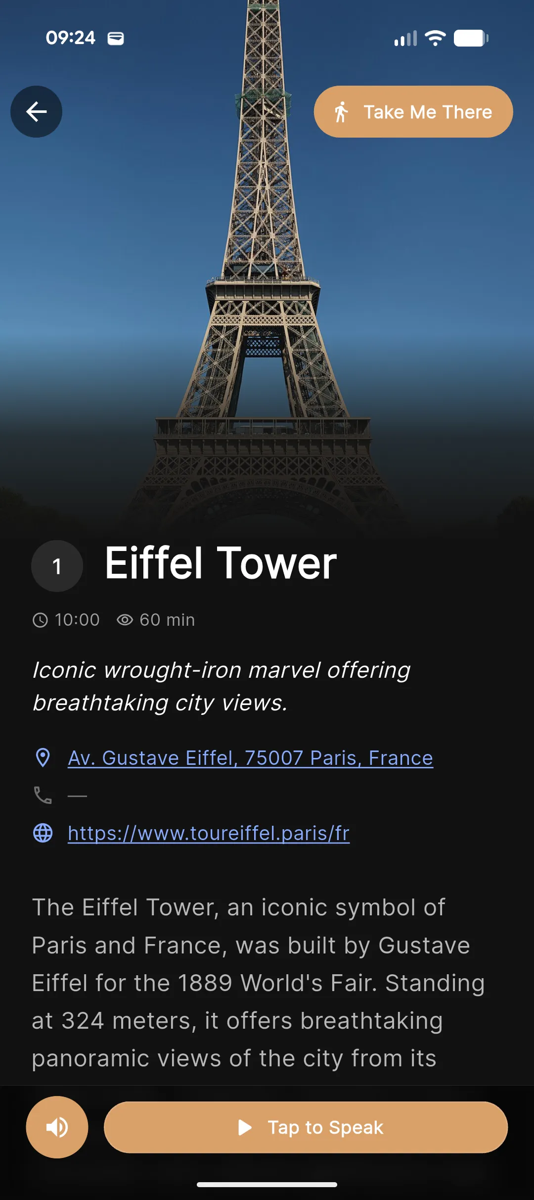 Matzu stop detail for the Eiffel Tower: photo, hours, address, website link and a Take Me There button.