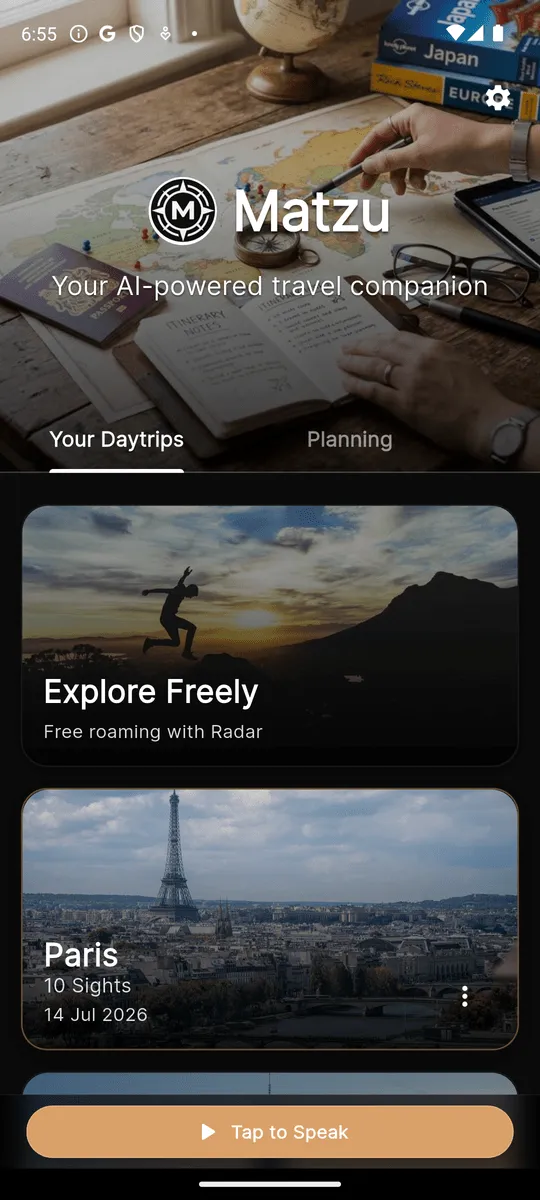 Matzu home screen: round Matzu logo, “Your AI-powered travel companion”, and daytrip cards.