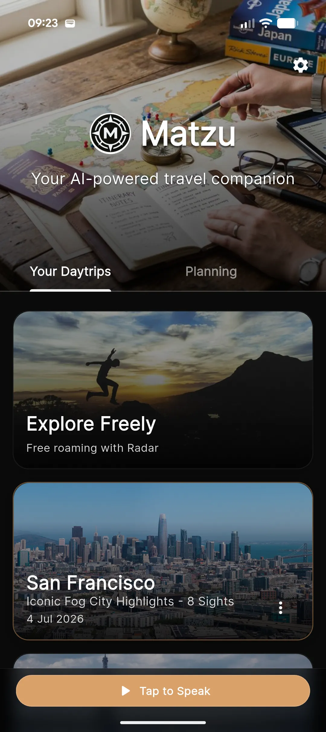 Matzu home screen with daytrip cards — Explore Freely and a San Francisco day.