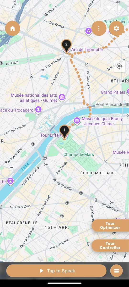 Matzu walking map of Paris with numbered stops connected along a route.