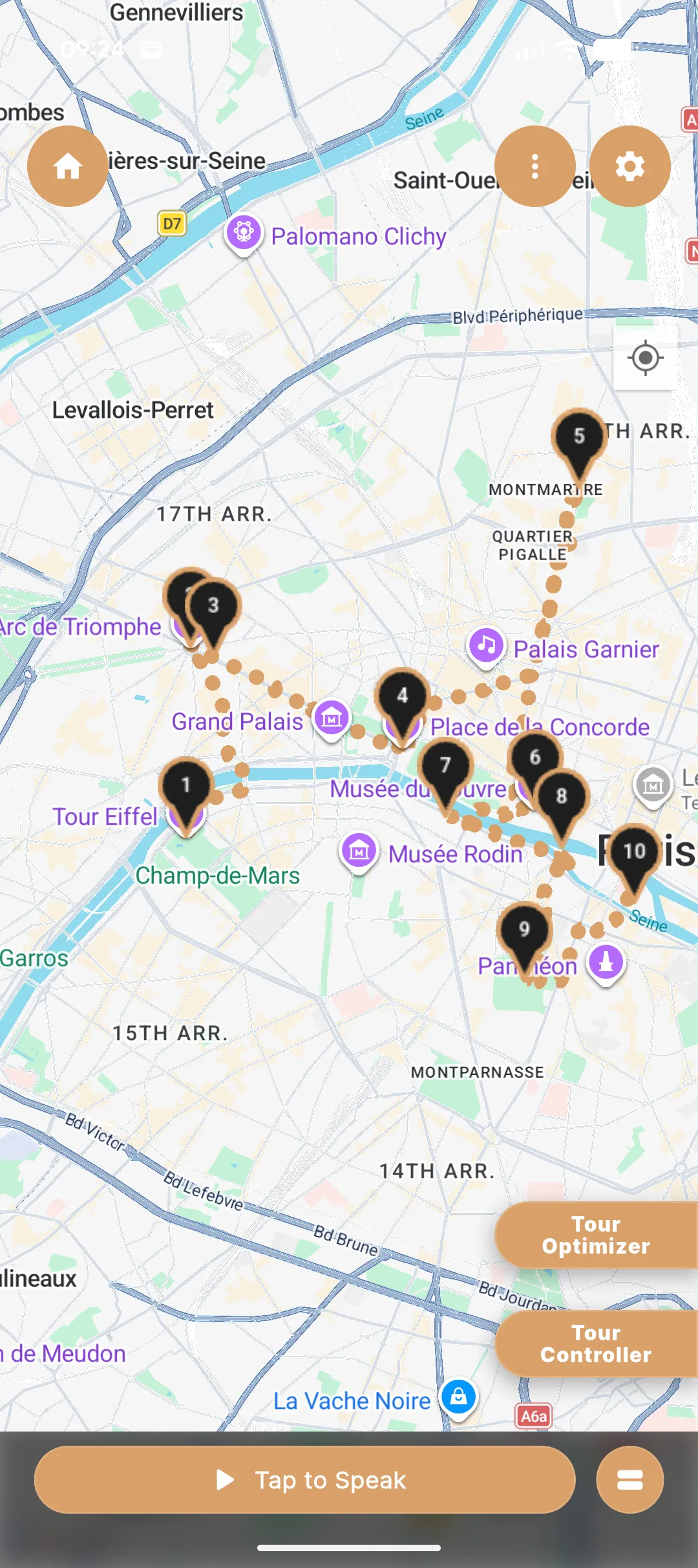 Matzu walking map of Paris with numbered pins connected along a route.