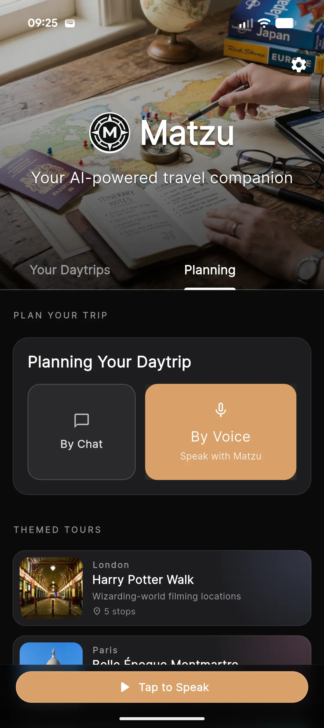 Matzu planning screen: plan a daytrip By Chat or By Voice, with themed-tour suggestions.