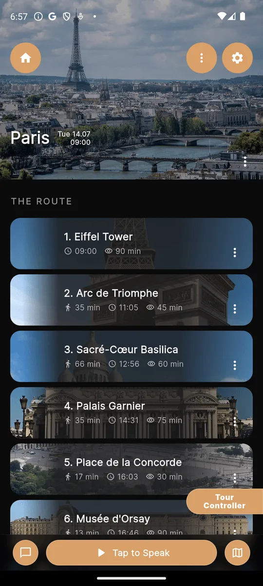 A planned Paris route in Matzu: ordered waypoint cards from the Eiffel Tower onward.