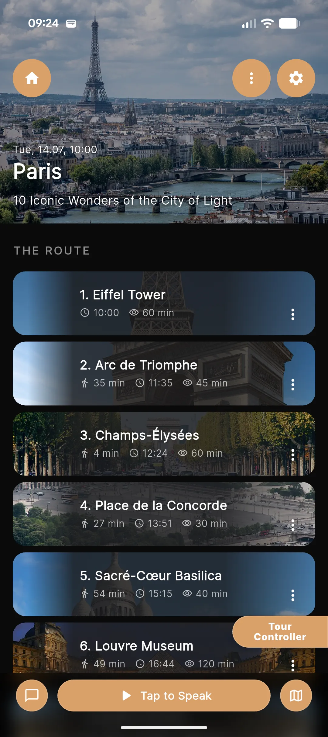 The Matzu app showing a planned Paris walking route — ordered stops from the Eiffel Tower to the Louvre.