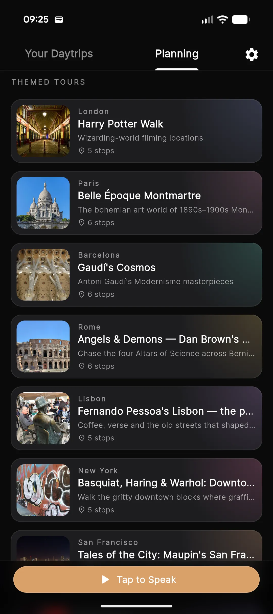 Matzu’s themed-tours screen with example tours in London, Paris, Barcelona and Rome.