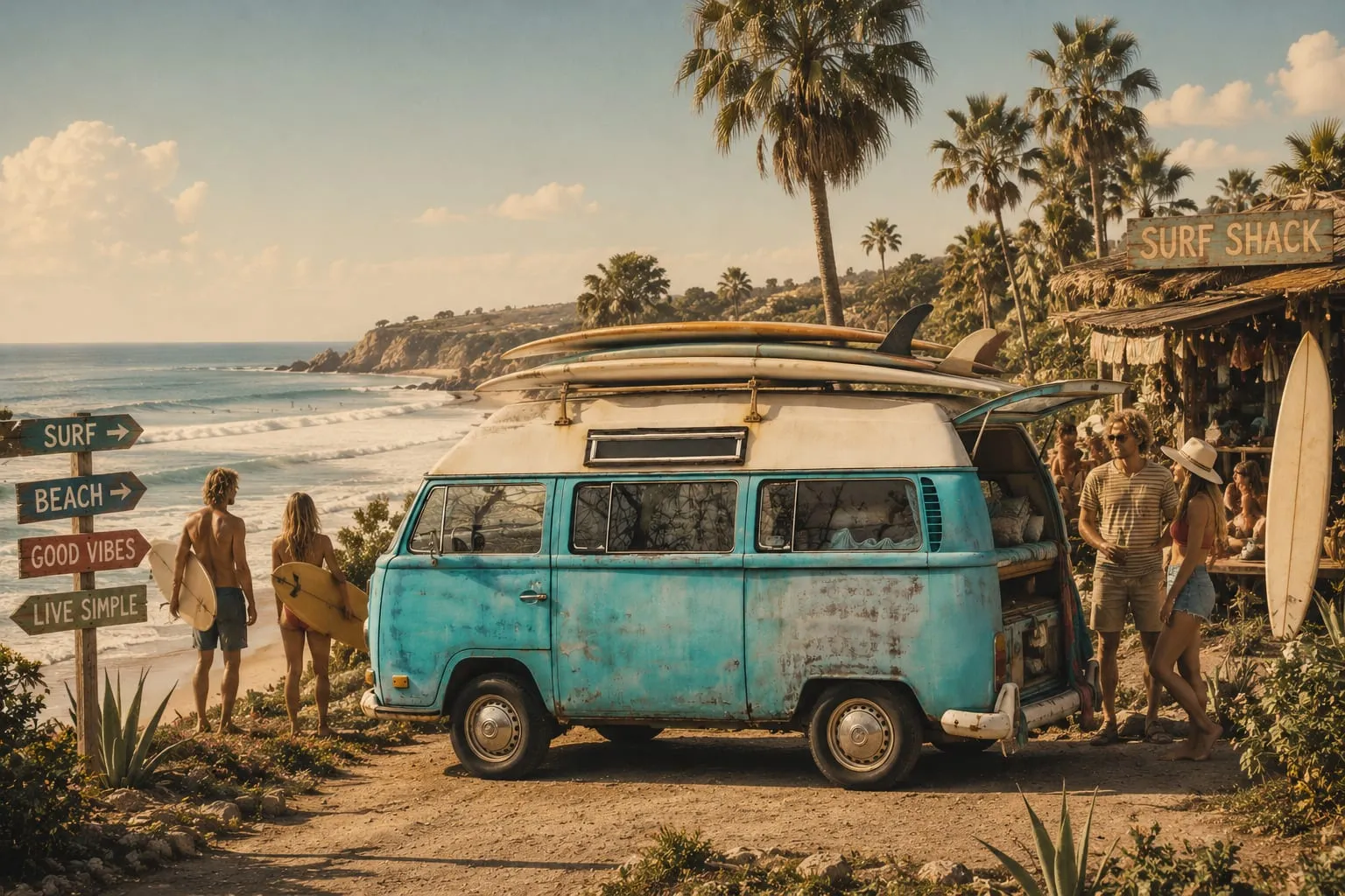 A teal camper van at a surf beach with boards, palm trees and a signpost reading Surf, Beach, Good Vibes.
